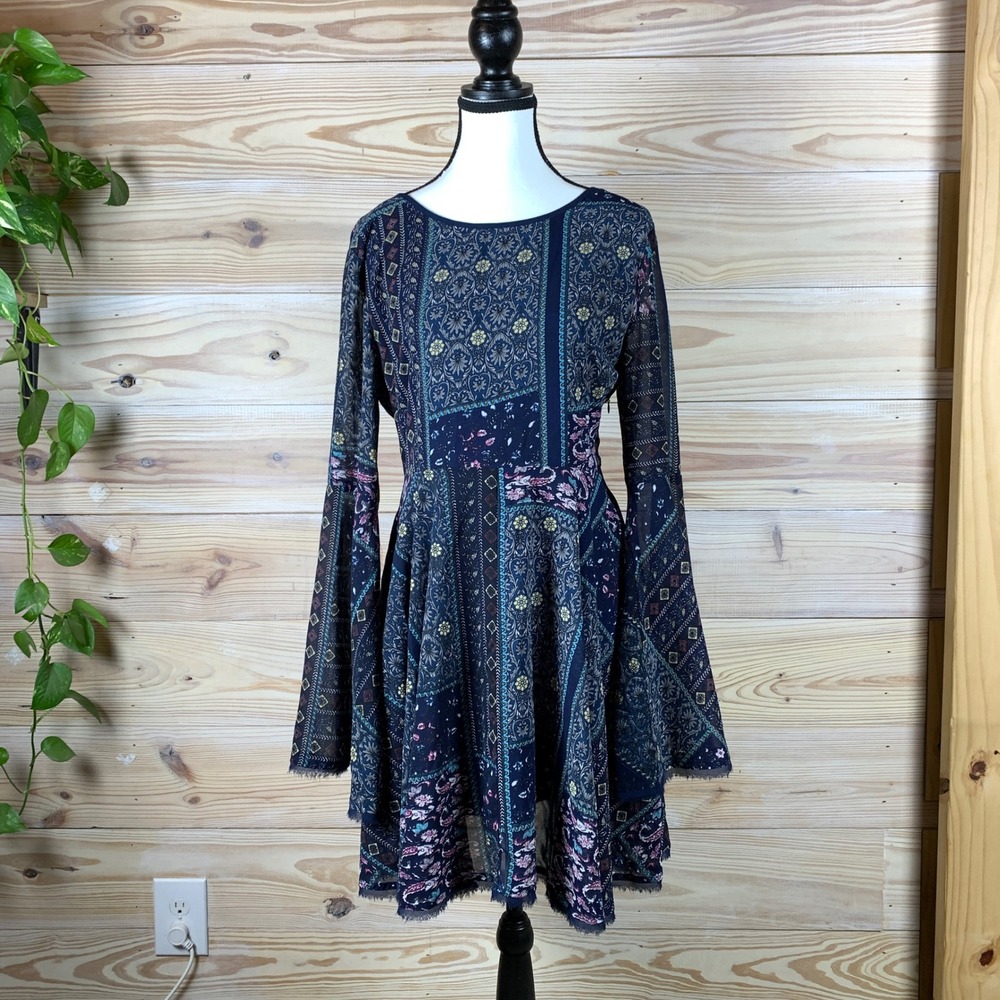 Loveriche Mini Dress Women Medium  Patchwork Bell Sleeve Tie Back Boho Hippie